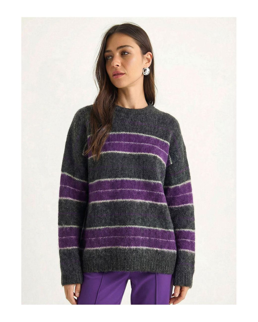Bianco Lucci Purple Striped Knit Crew Neck Sweater