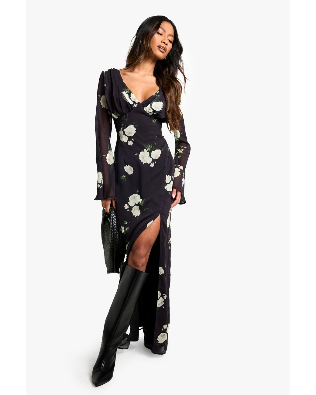 sachin and babi light blue dress Boohoo Floral Chiffon Plunge Maxi Dress in Black