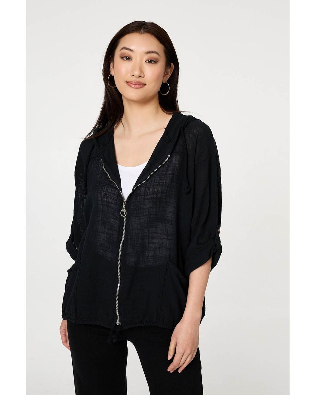 Izabel London Black 3/4 Sleeve Hooded Zip Front Jacket