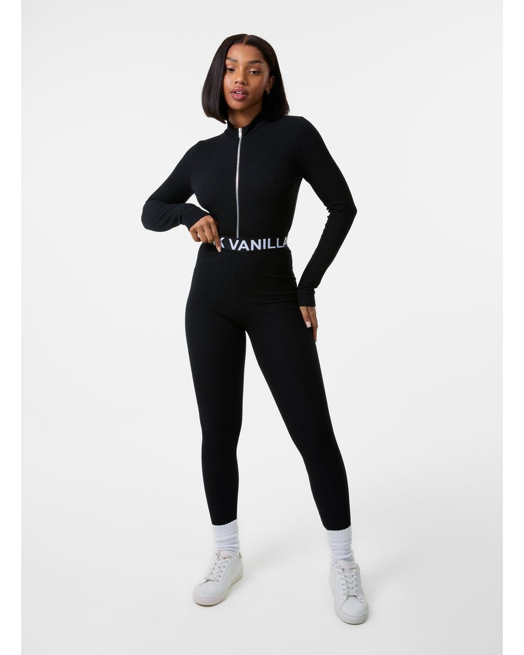 Pink Vanilla Black Ribbed Leggings With Logo Band