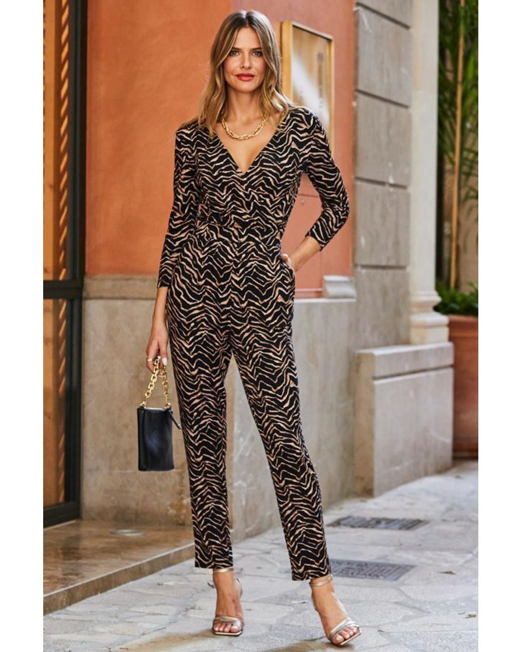 Sosandar Brown Natural Print Wrap Front Tapered Leg Jumpsuit With Pockets Viscose