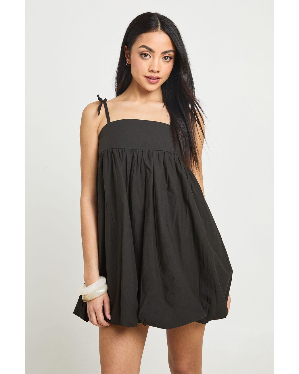 Boohoo Black Cotton Poplin Puff Ball Mini Dress