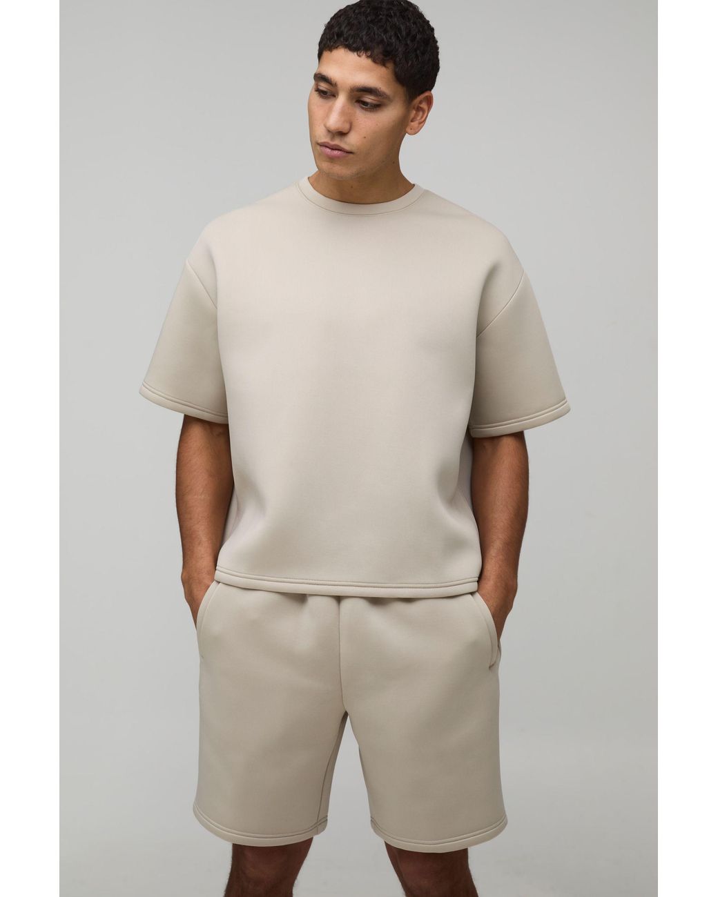 BoohooMAN Natural Oversized Boxy Bonded Scuba T-Shirt & Relaxed Short Set for men