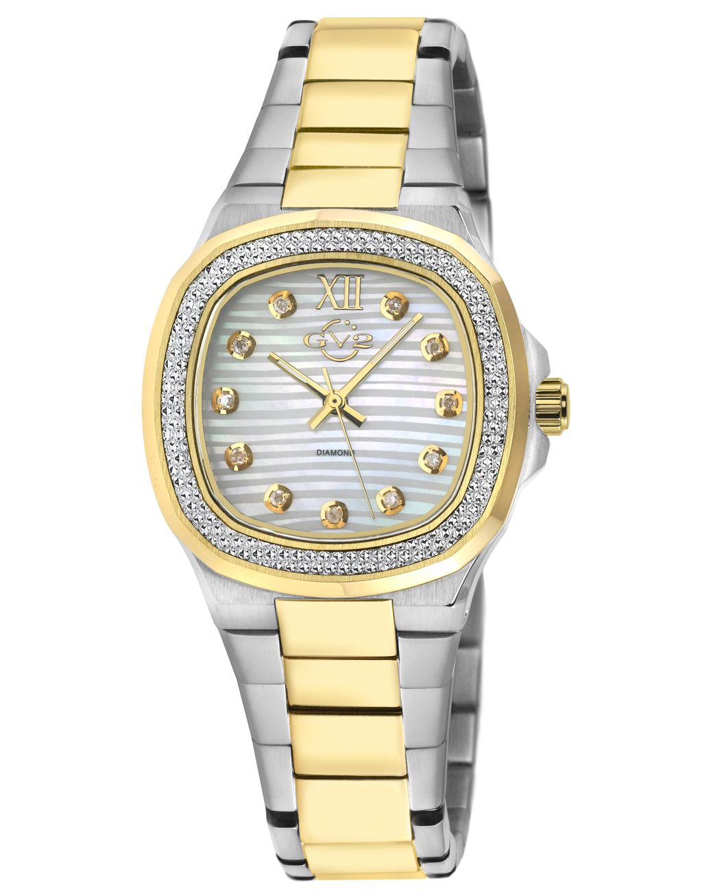 Gv2 Metallic Potente Lady Mop Dial, Two Toned 316L Stainless Steel Ipyg Diamond Swiss Quartz Watch