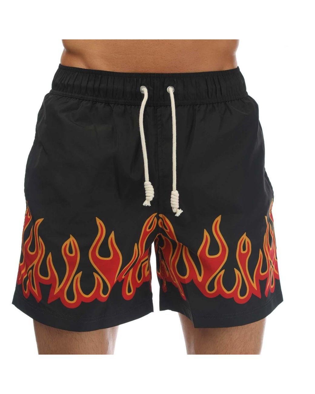 Palm Angels Black Burning Flames Print Swim Shorts for men
