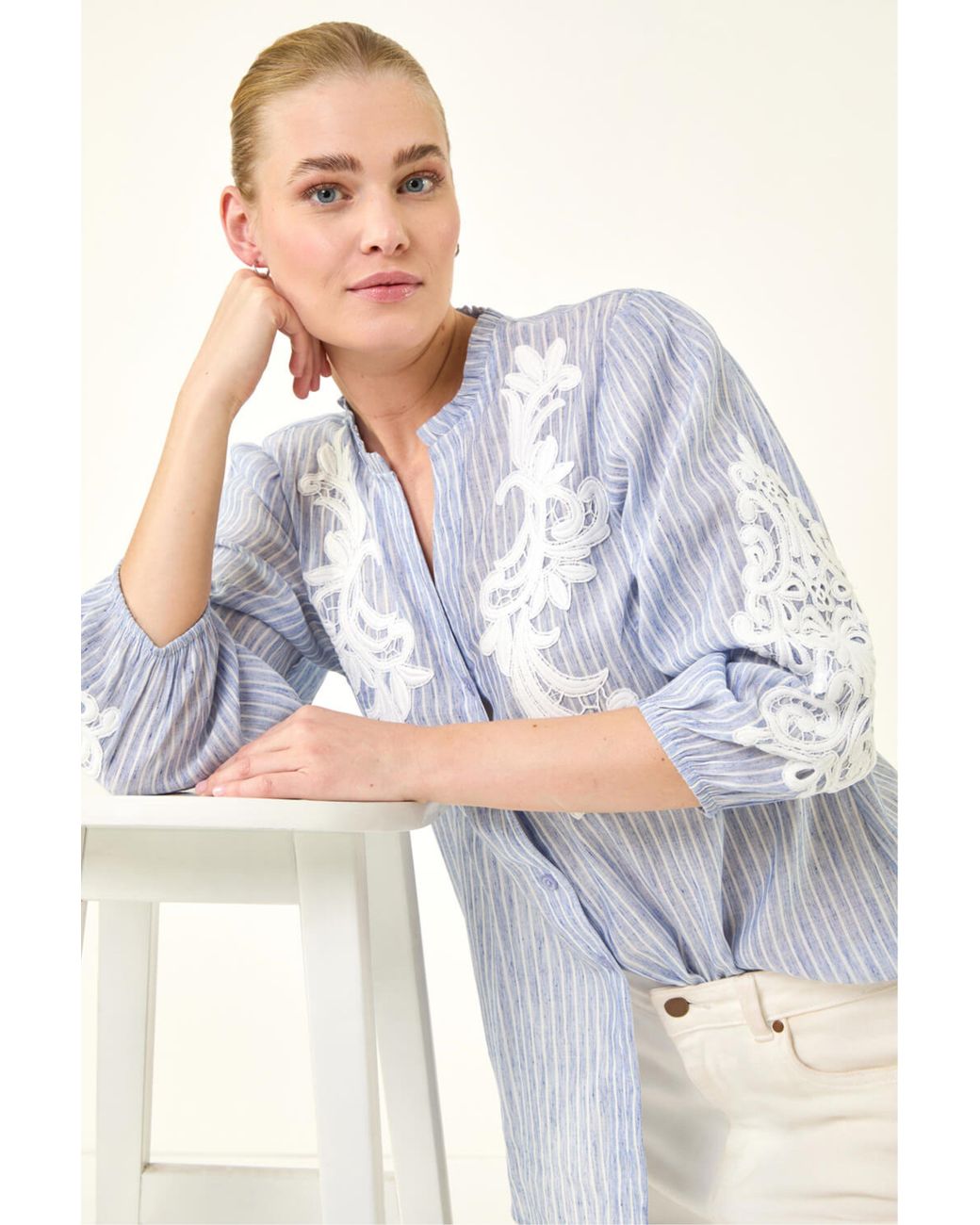Roman Blue Lace Applique Stripe Shirt