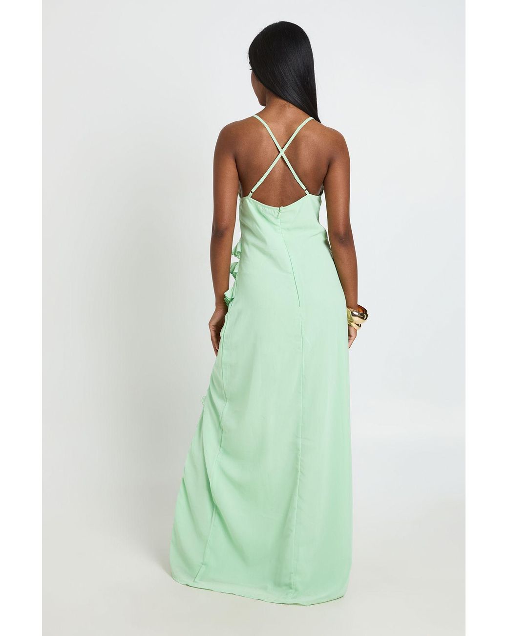 Boohoo Green Chiffon Cowl Neck Ruffle Detail Maxi Dress