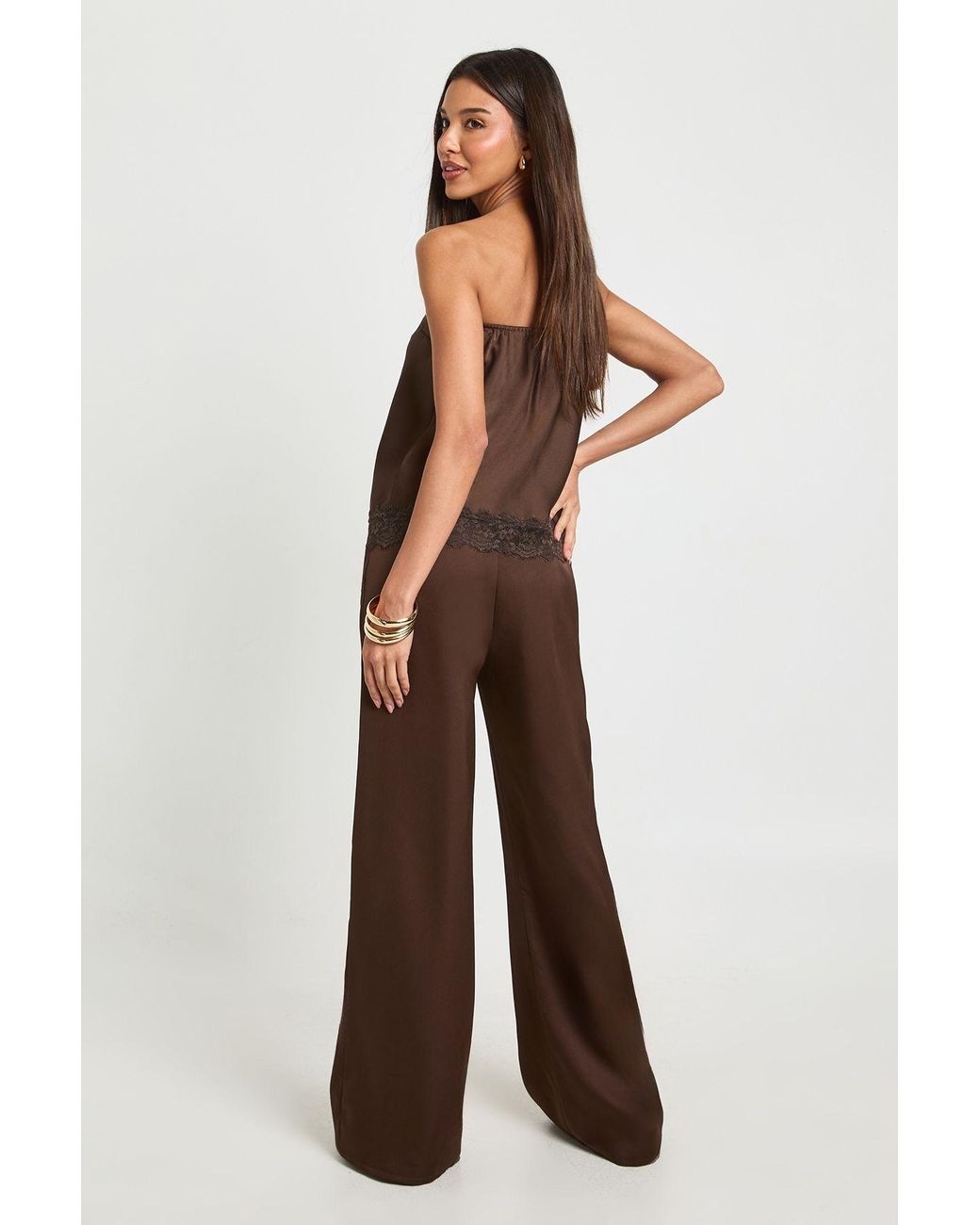 Boohoo Brown Satin Wide Leg Trousers