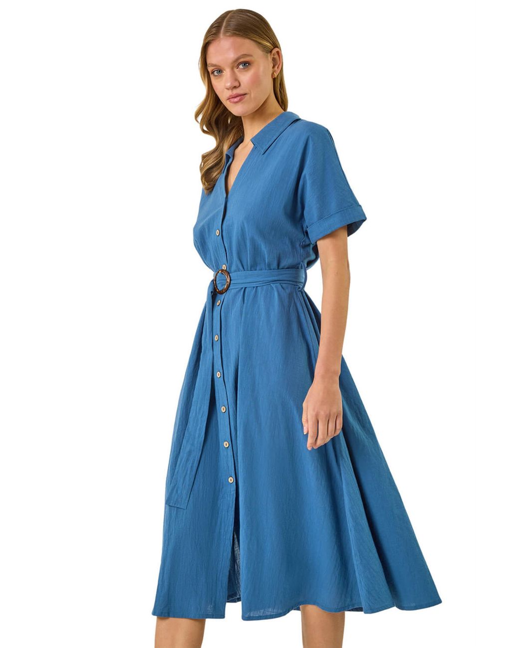 Roman Blue Linen Look Belted Shirt Dress