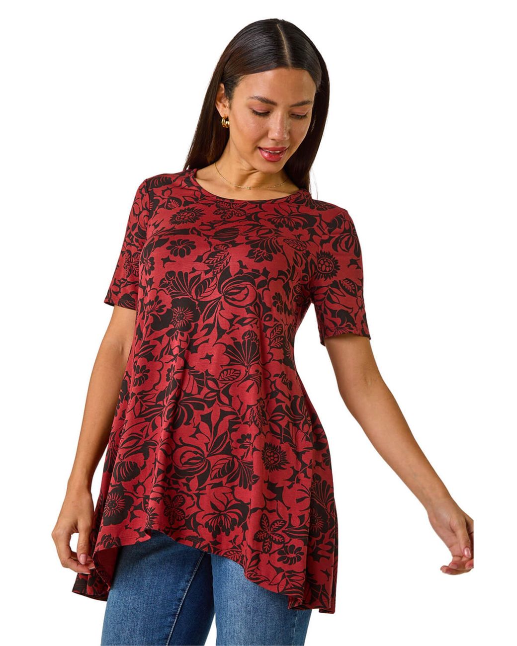 Roman Red Floral Print Hanky Hem Tunic Top