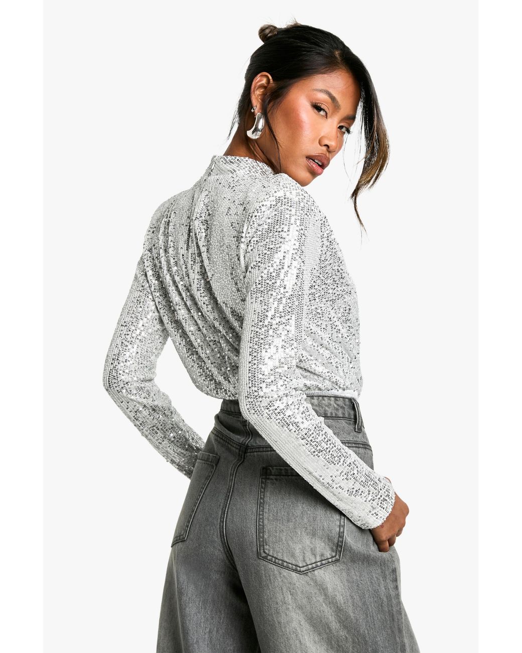 Boohoo Gray High Neck Sequin Bodysuit