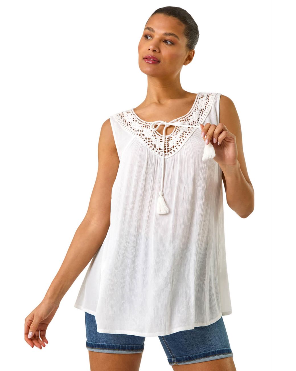 Roman White Embroidered Tie Neck Vest Top