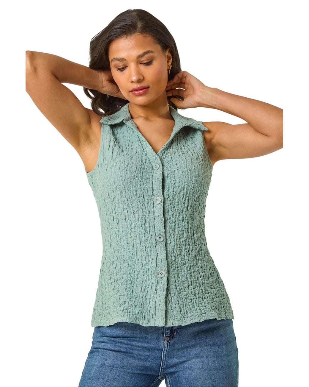 Roman Green Textured Sleeveless Buttoned Blouse