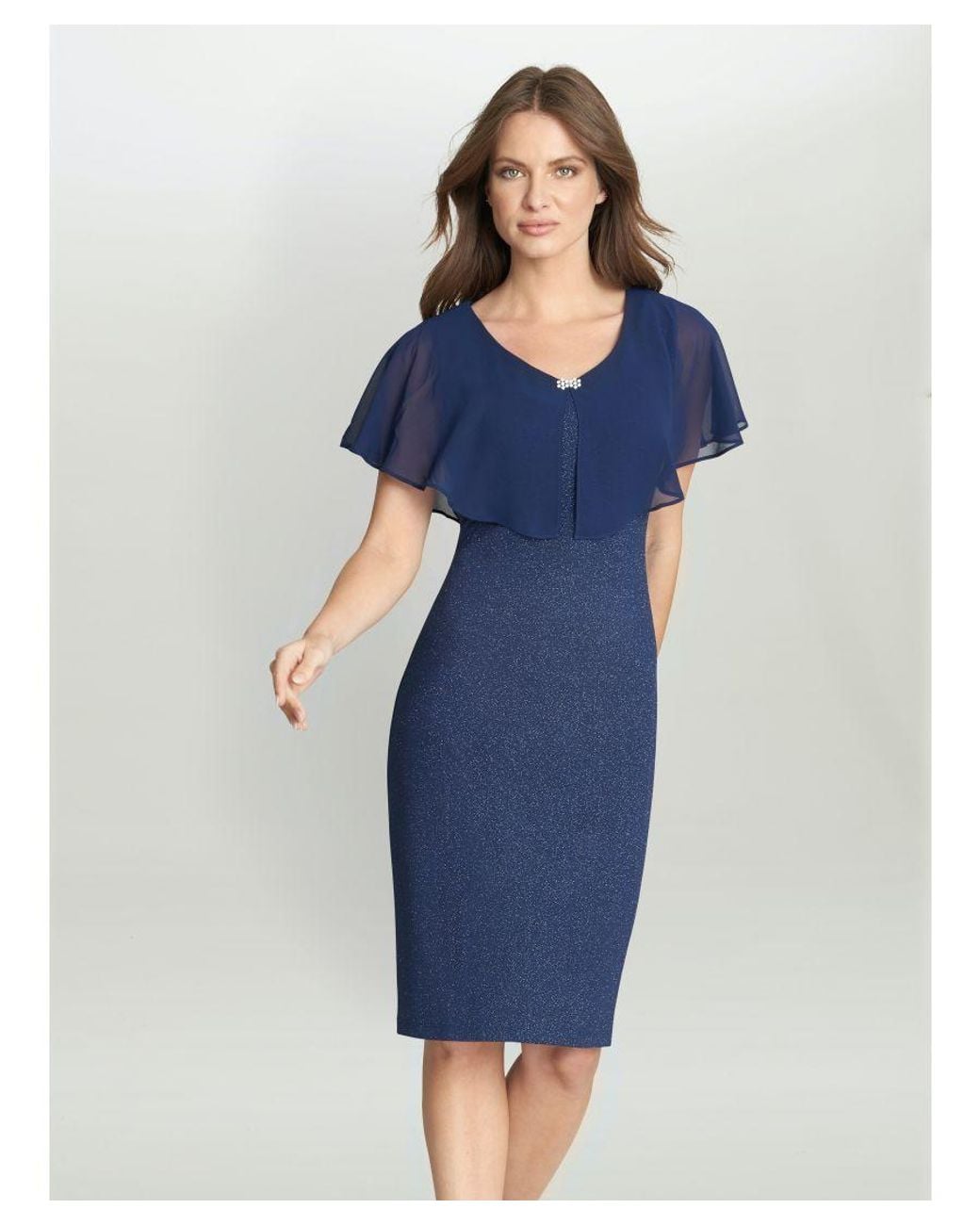 Gina Bacconi Blue Aris V Neck Dress With Embellished Chiffon Overlay