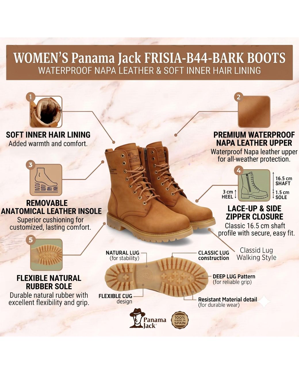 Panama Jack Brown Waterproof Leather Warm Lace-Up Boots