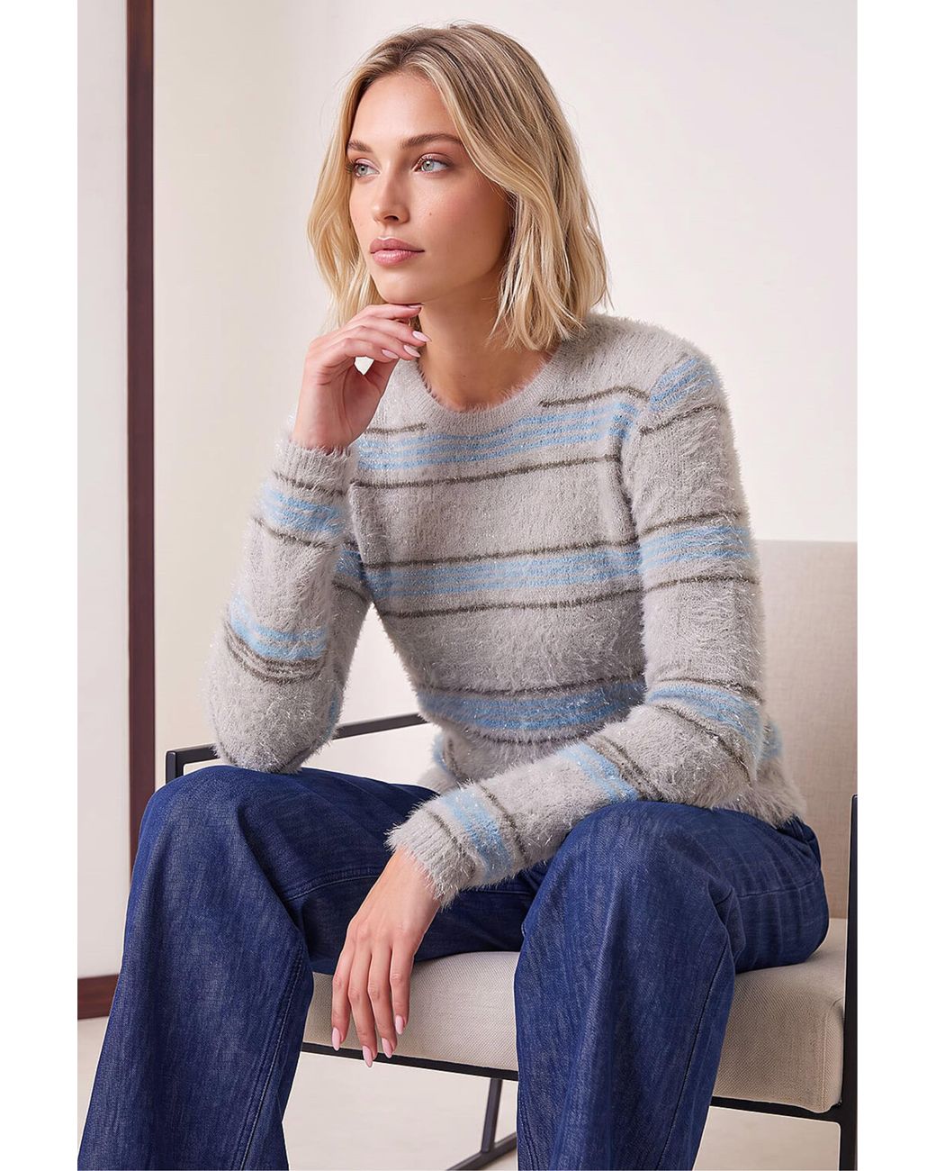 D.u.s.k Gray Fluffy Stripe Knit Jumper
