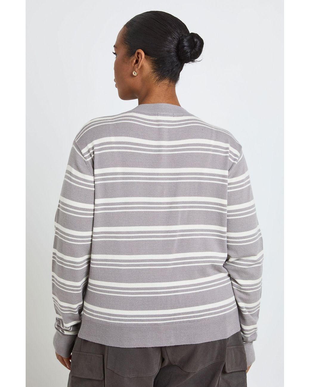 Boohoo Gray Plus Super Soft Stripe Crew Neck Knitted Cardigan