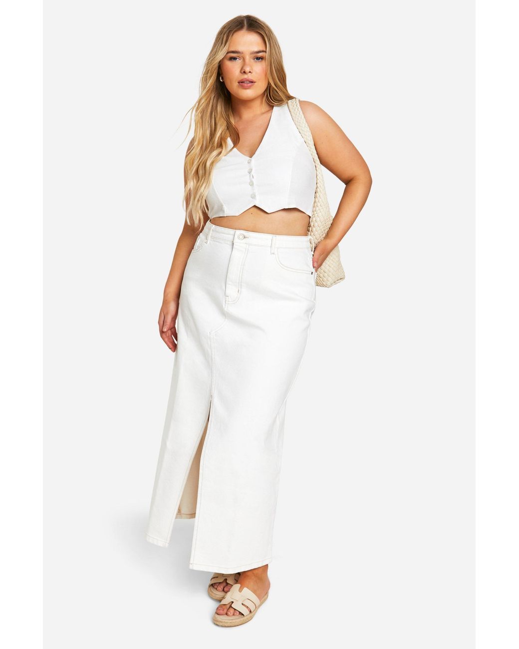 Boohoo White Plus Ecru Denim Split Front Maxi Skirt