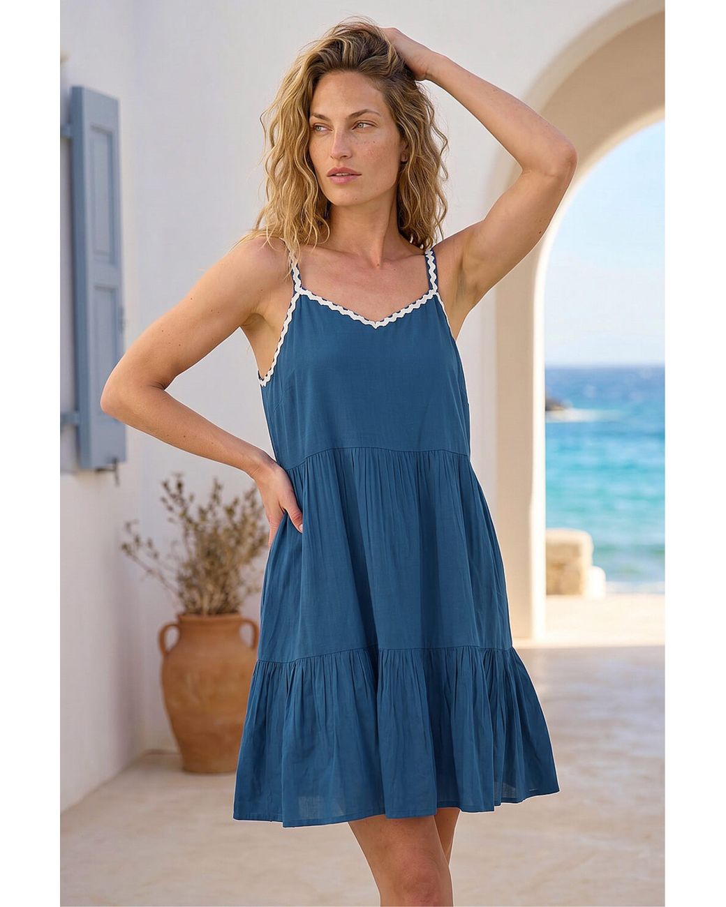 Roman Blue Embroidered Strappy Tiered Dress