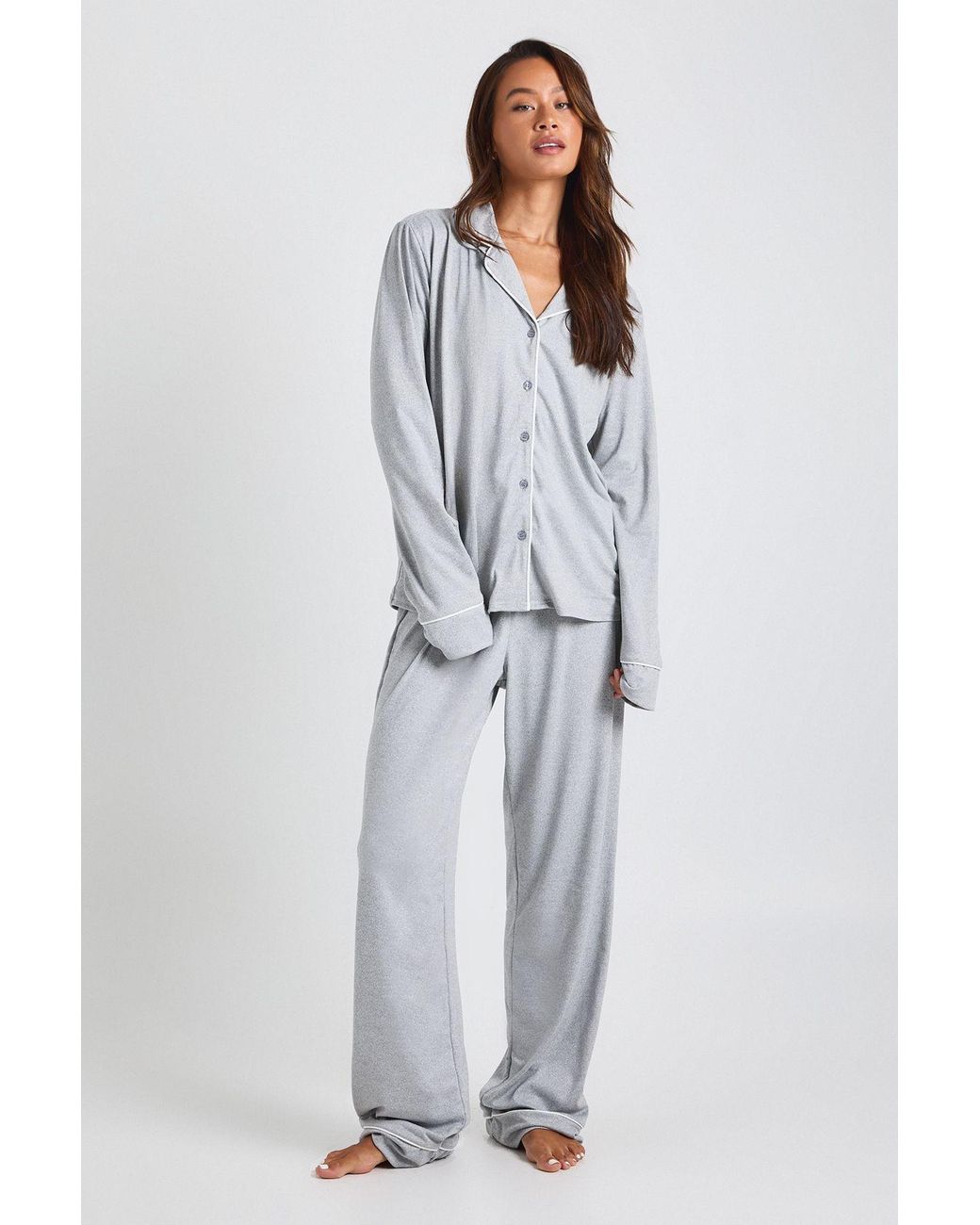 Boohoo Gray Tall Jersey Piping Detail Long Sleeve Shirt & Trousers Pyjama Set