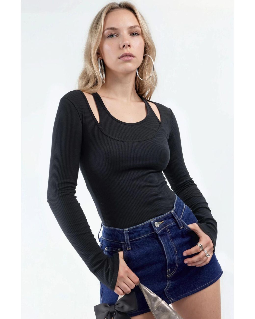 Busem Blue Ribbed U Collar Long Sleeve Blouse