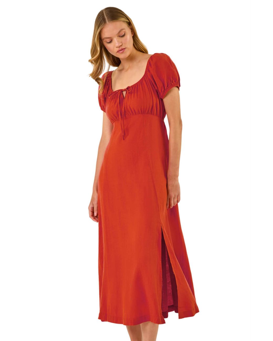 Roman Red Puff Sleeve Linen Mix Midi Dress
