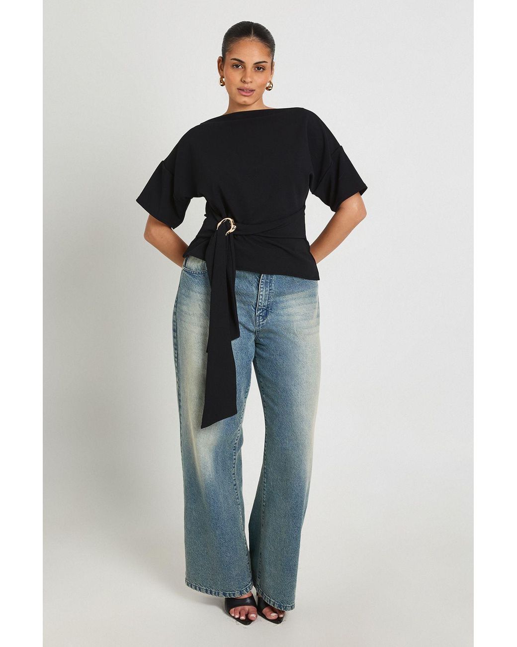 Boohoo Blue Plus Crepe Grown On Neck Trim Belt Detail Short Sleeve Top