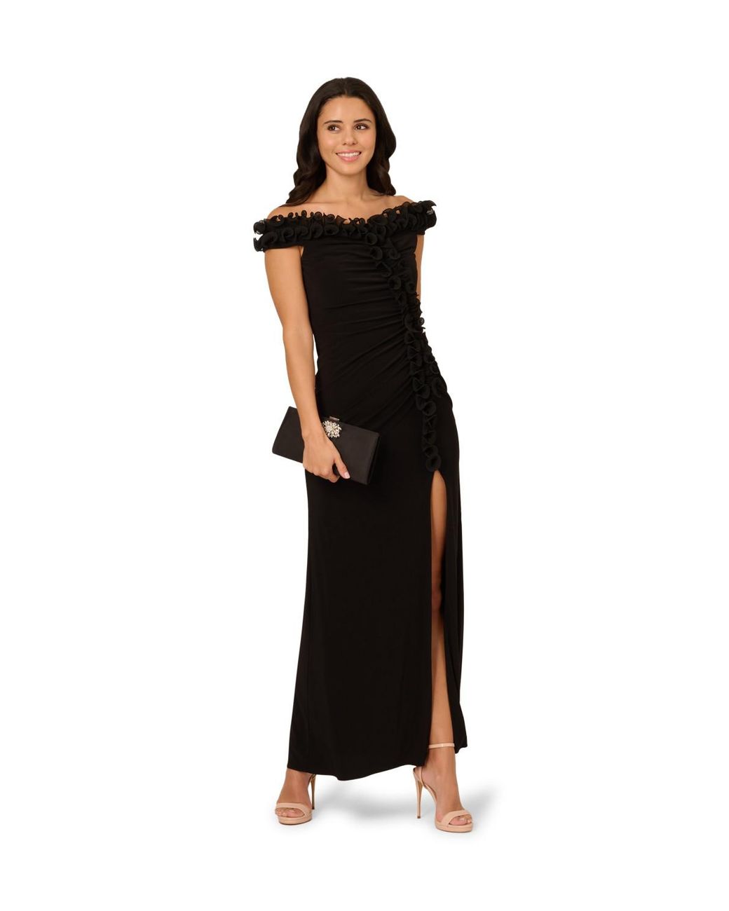 Adrianna Papell Black Jersey Ruffle Trim Gown