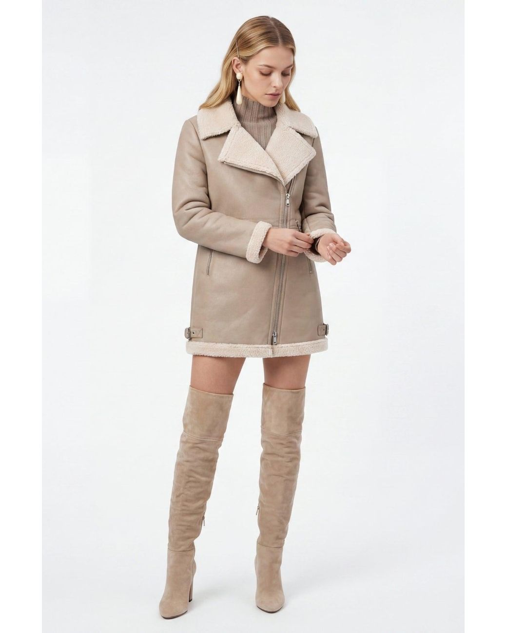 Elle Natural Keira Longline Faux-Shearling Biker Coat