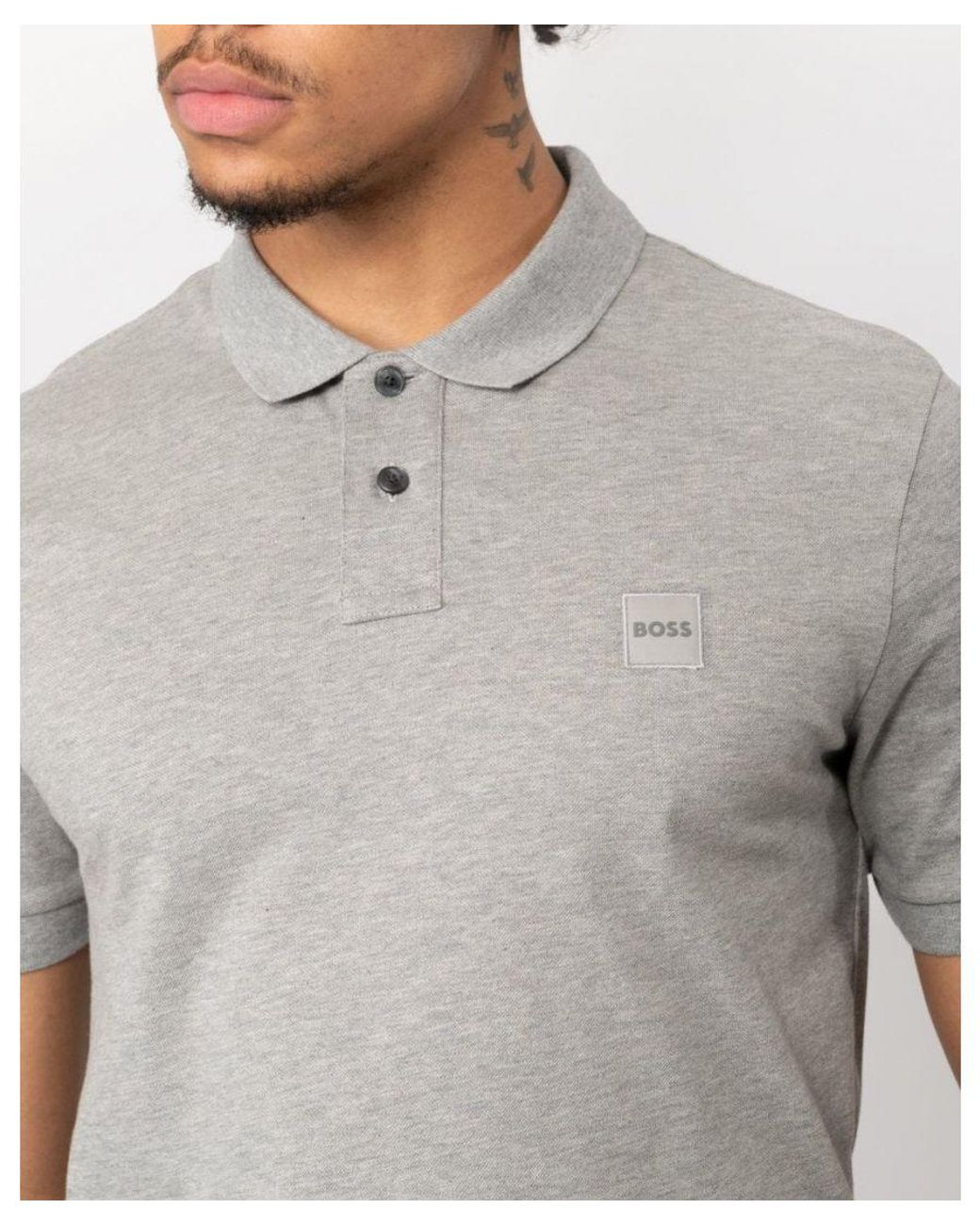 Boss Gray Passenger Stretch-Cotton Slim-Fit Polo Shirt With Logo Patch for men
