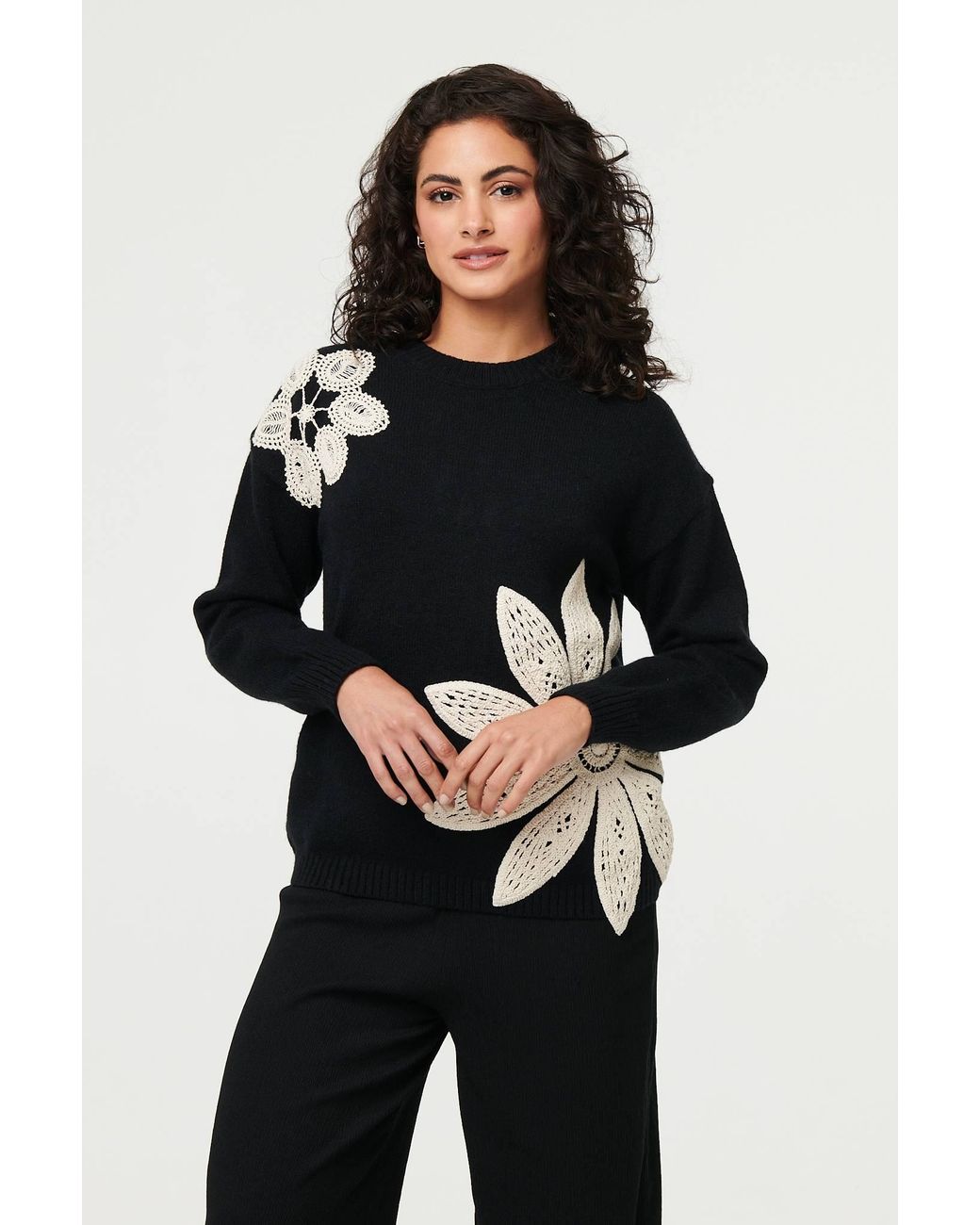 Izabel London Black Floral Long Sleeve Embroidered Jumper