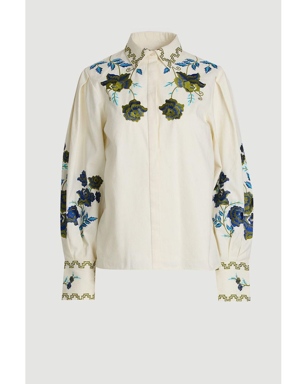 Karen Millen Natural Rose Embroidered Cotton Twill Woven Blouse