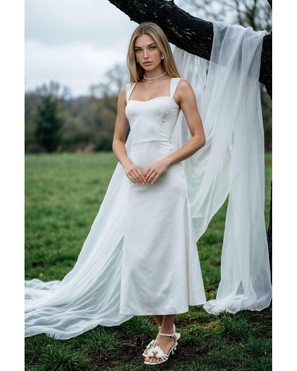 Hiccup White A-Line Midi Dress With Heart Neckline