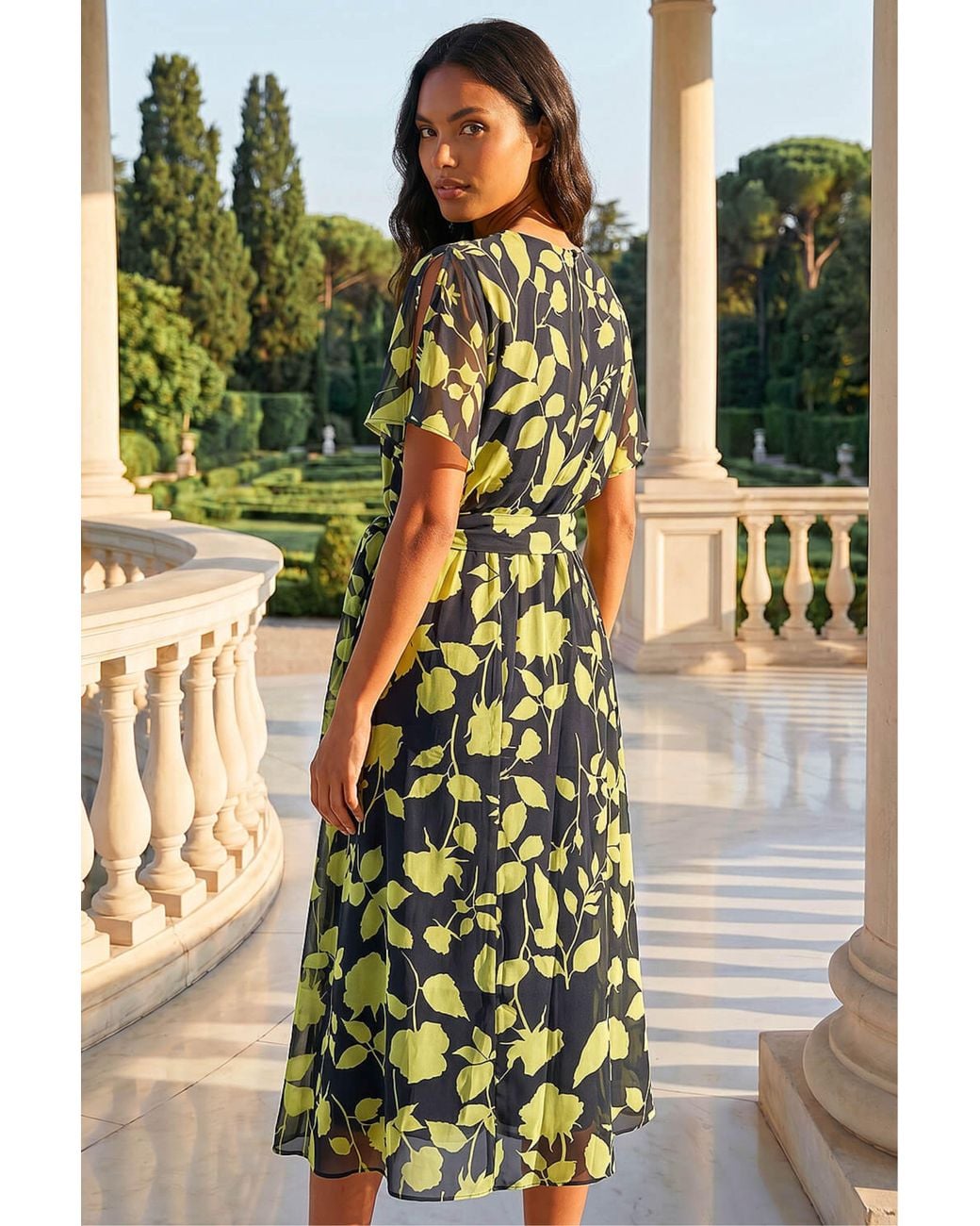 Roman Green Floral Split Sleeve Midi Dress