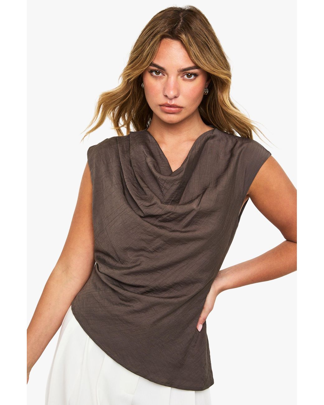 Boohoo Gray Textured Woven High Neck Blouse