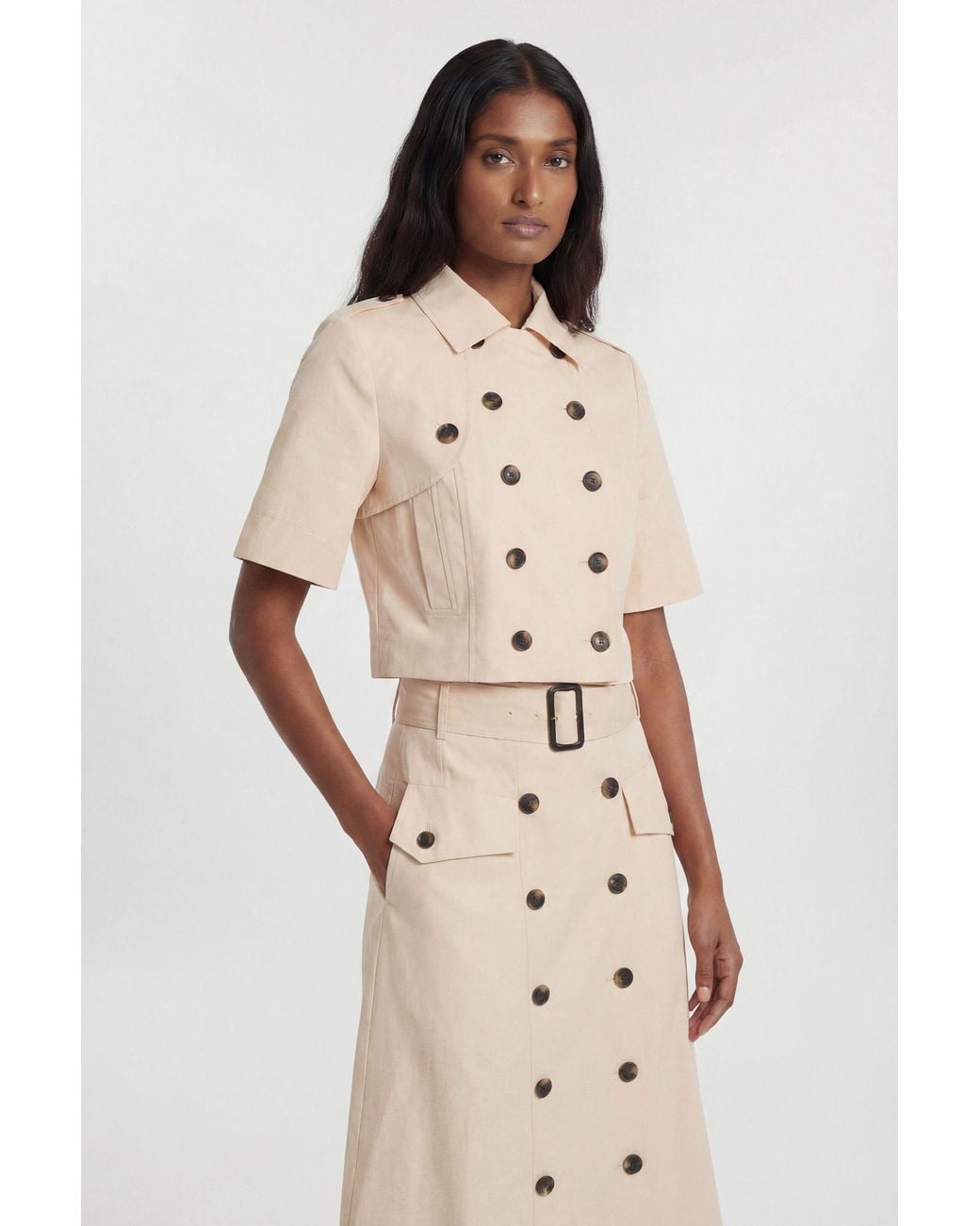 Karen Millen Natural Tailored Cotton Trench Button Front Pleated Skirt