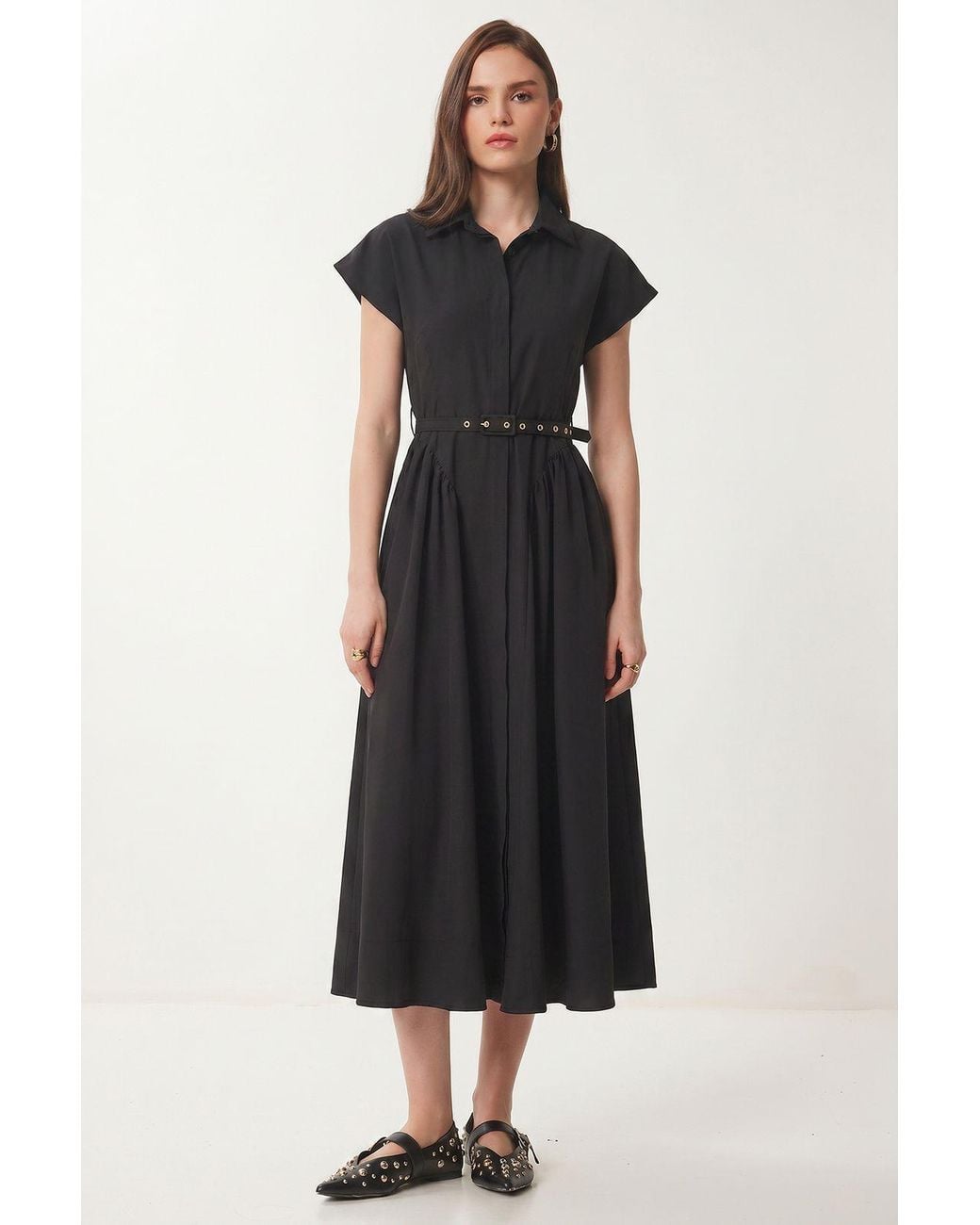 Happiness İstanbul Black Belted Poplin Shirt Midi Dress
