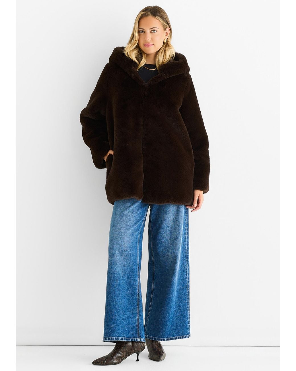 Gini London Blue Hooded Long Sleeve Faux Fur Jacket