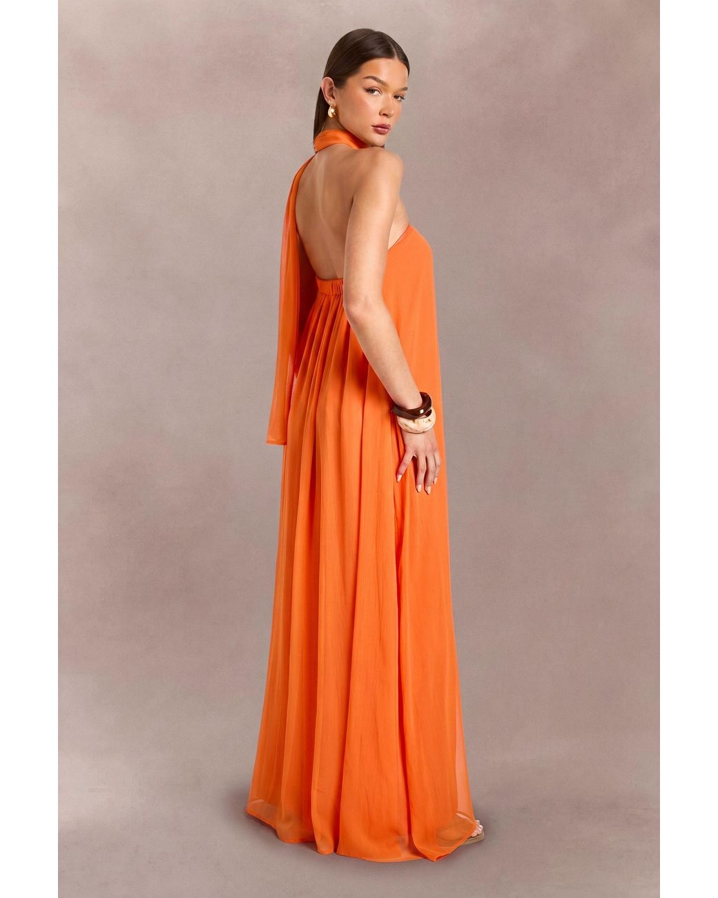 Boohoo Orange Scarf Detail Trapeze Floor Sweeping Maxi Dress