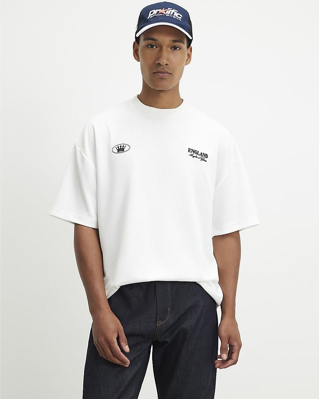 River Island White T-Shirt Oversized Fit England Gothic for men