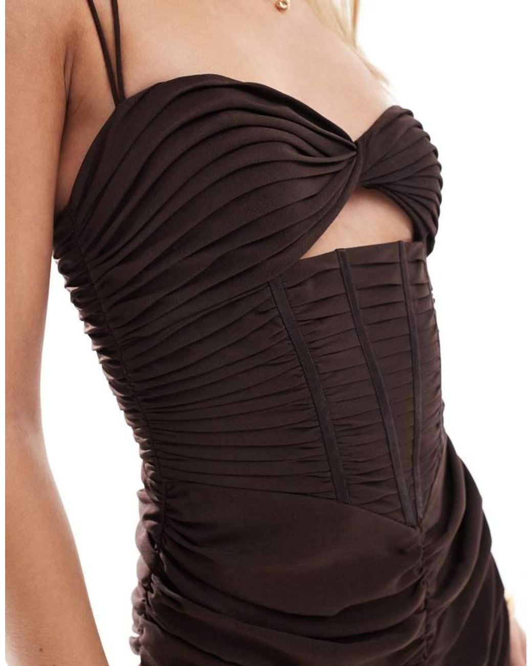 ASOS Brown Design Ruched Corset Maxi Dress With Ruffle Skirt And Strap Details