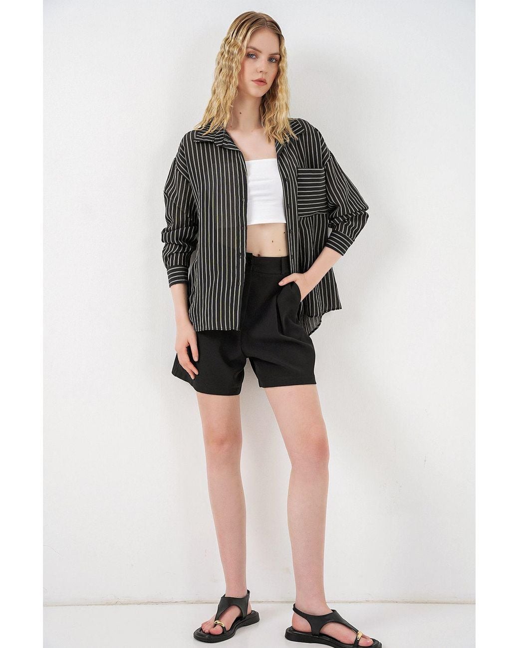 Bigdart Gray Oversized Striped Long Sleeve Shirt With Pocket