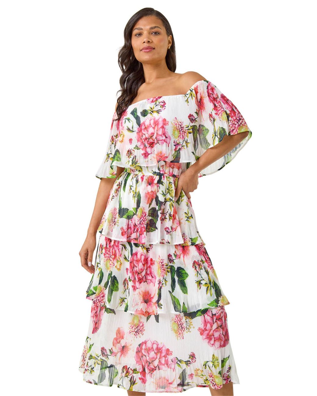 Roman White Bardot Floral Tiered Dress
