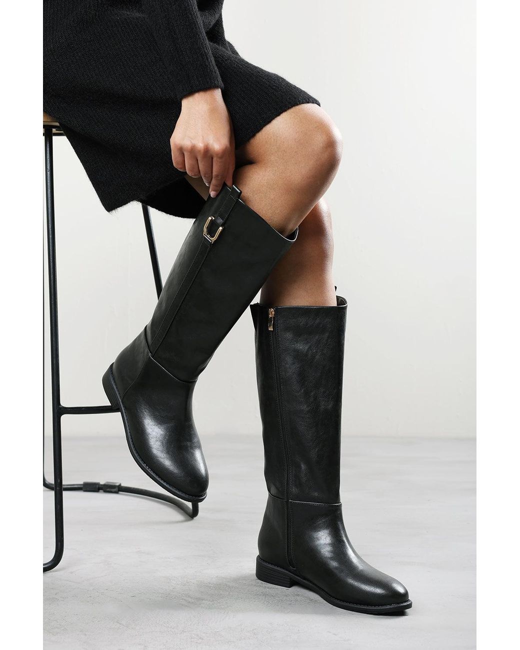 Where's That From Black Karella Knee High Riding Boot With Hardware Detail