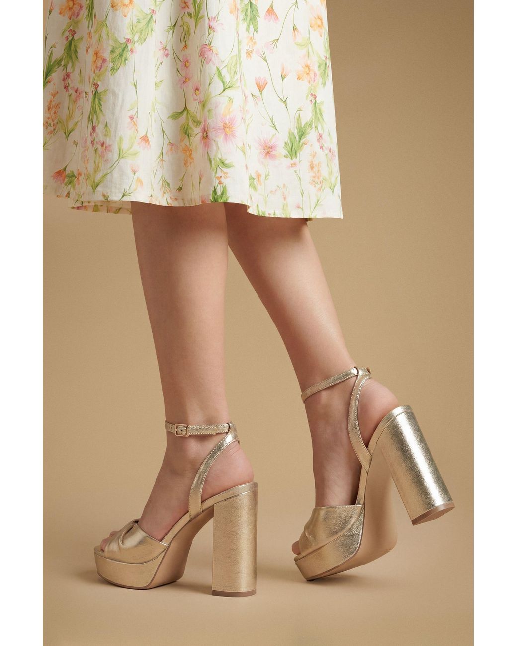 Oasis Natural Amelia Metallic Textile Twist Front High Block Heel Platform Sandals