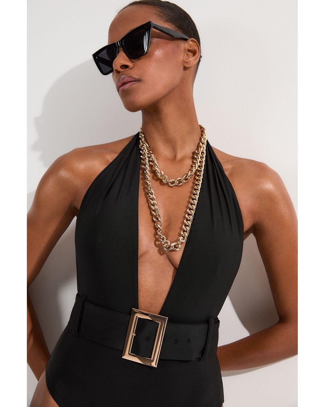 Karen Millen Brown Hardware Detail Belted Plunge Swimsuit