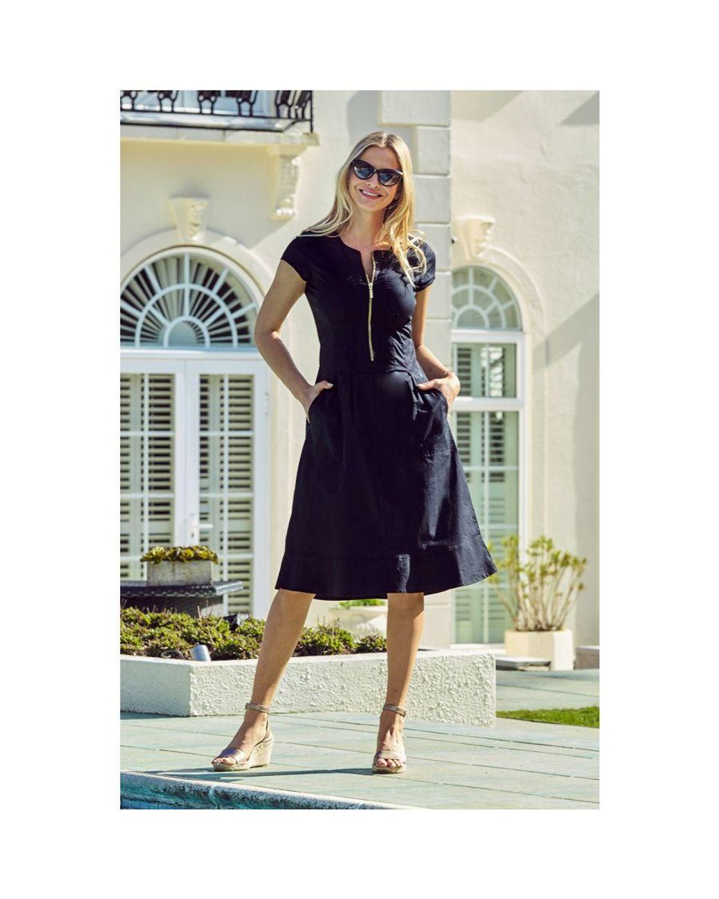 Sosandar Black Zip Front Fit Flare Dress With Pockets Cotton in