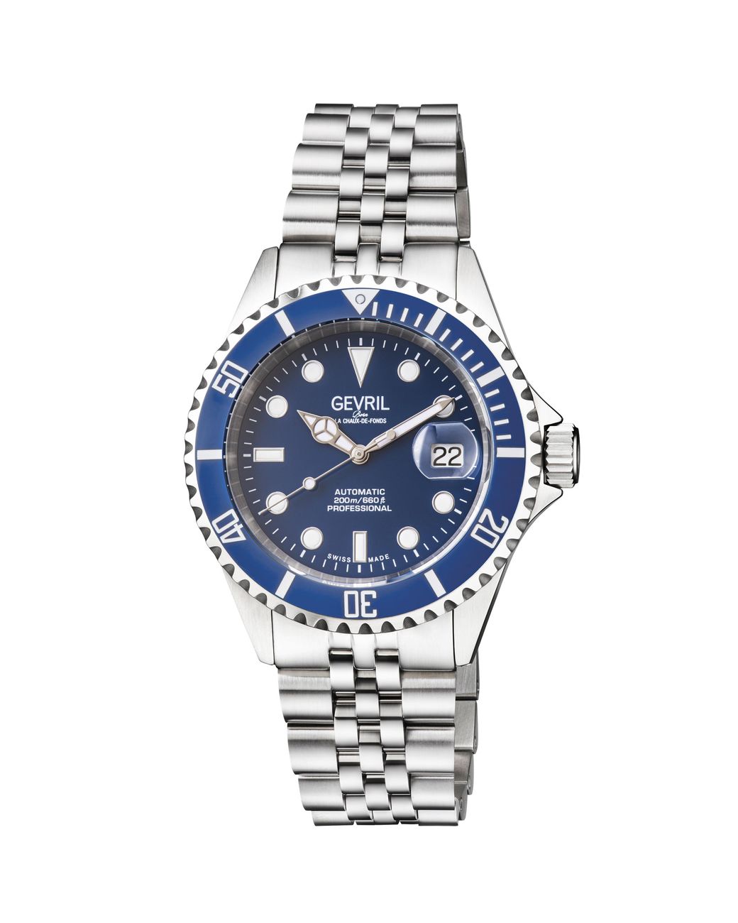 Gevril Blue Wall Street 4851B Swiss Automatic Gmt, Sw330 Movement Date Luminous Stainless Steel Watch for men