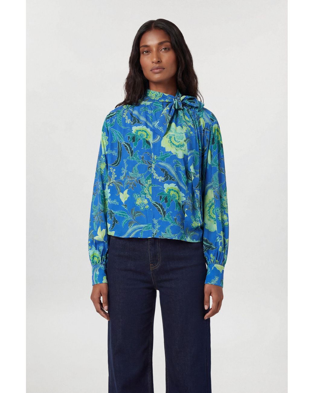 Karen Millen Blue Viscose Woven Stripe Contrast Floral Blouse