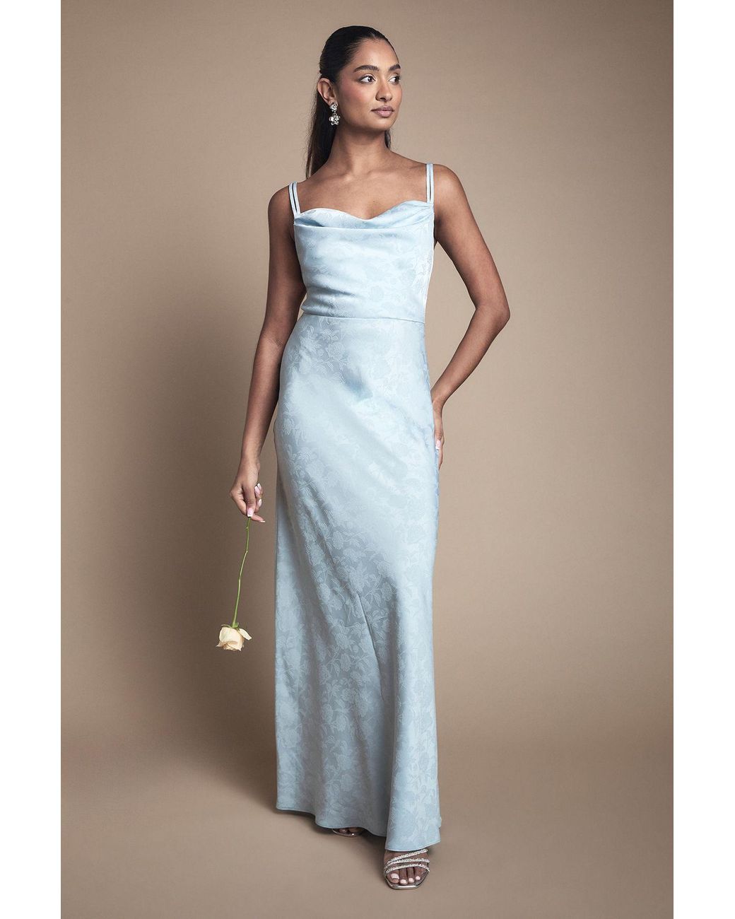 Oasis Blue Double Strap Cowl Neck Satin Jacquard Bridesmaid Dress